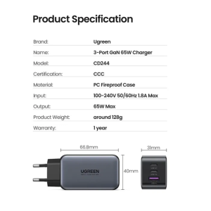 Зарядний пристрій USB-A+2*USB-C 65W GaN White  PD3.0 (PD2.0) + QC4.0 (QC4.0/QC3.0/QC2.0) CD224/15334. Photo 3 Зарядний пристрій USB-A+2*USB-C 65W GaN White  PD3.0 (PD2.0) + QC4.0 (QC4.0/QC3.0/QC2.0) CD224/15334. Photo 3